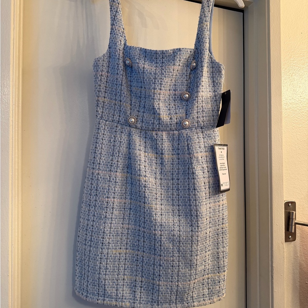 City Studio Blue Tweed Mini Dress with Button Accents